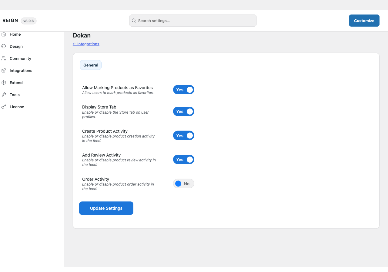 The Dokan tab in Reign Settings