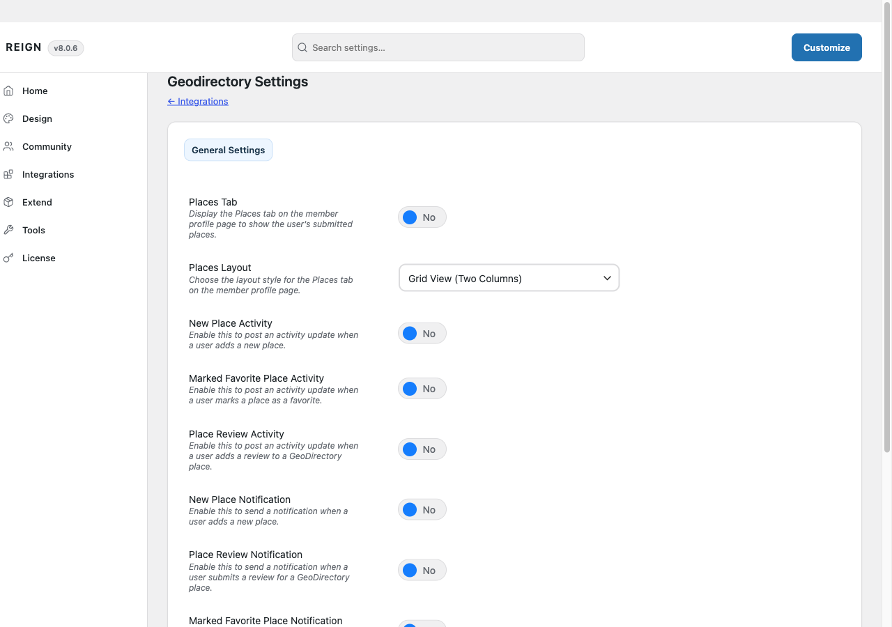 The Geodirectory Settings tab in Reign Settings
