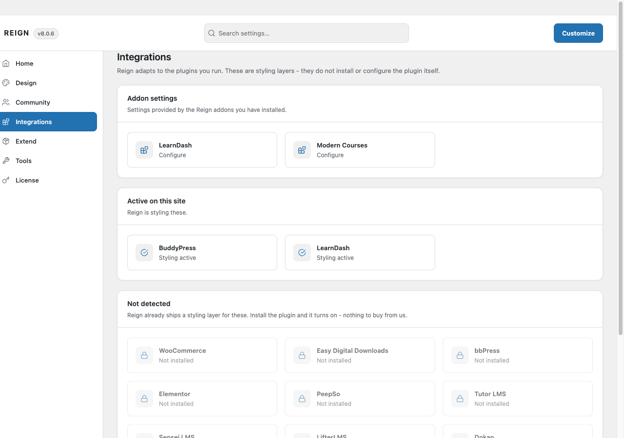 The Integrations screen in Reign Settings, showing a detected plugin