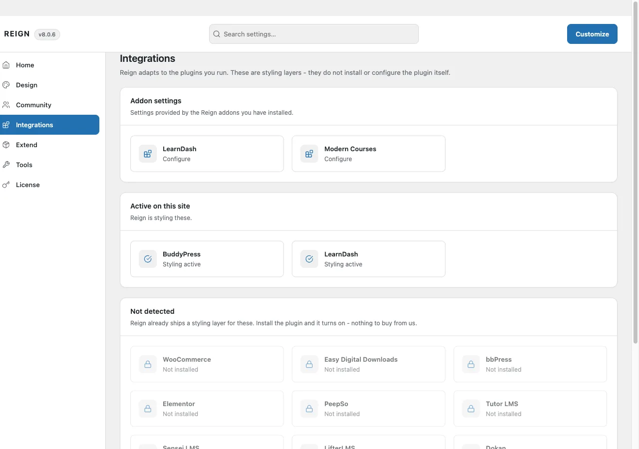 The Integrations screen in Reign Settings, showing a detected plugin