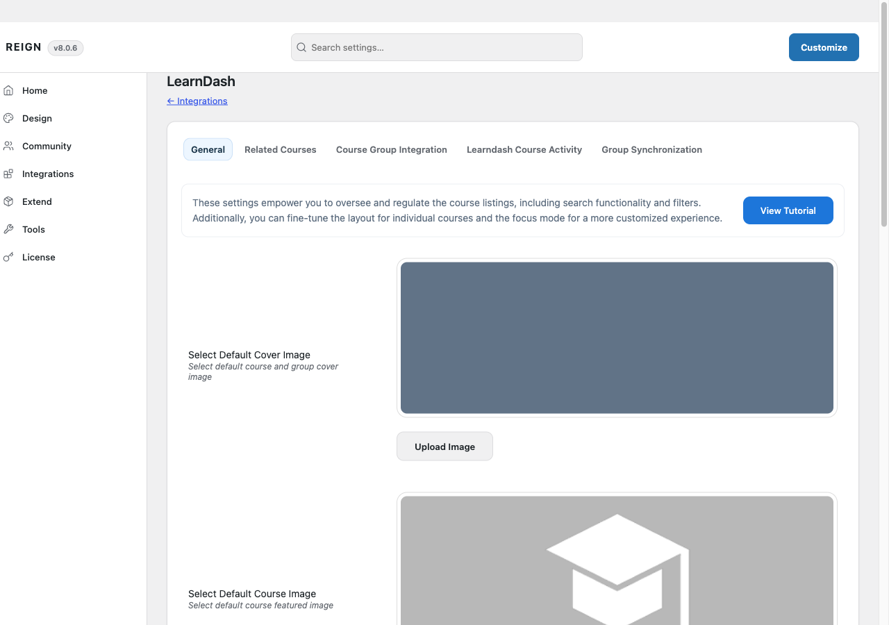 The LearnDash tab in Reign Settings, with its General and Related Courses sub-tabs