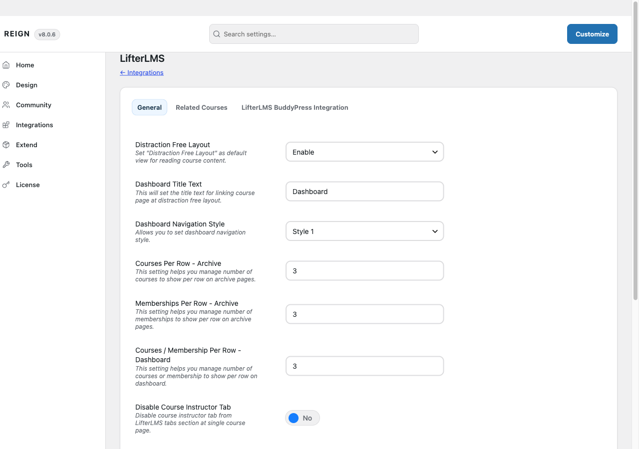 The LifterLMS tab in Reign Settings
