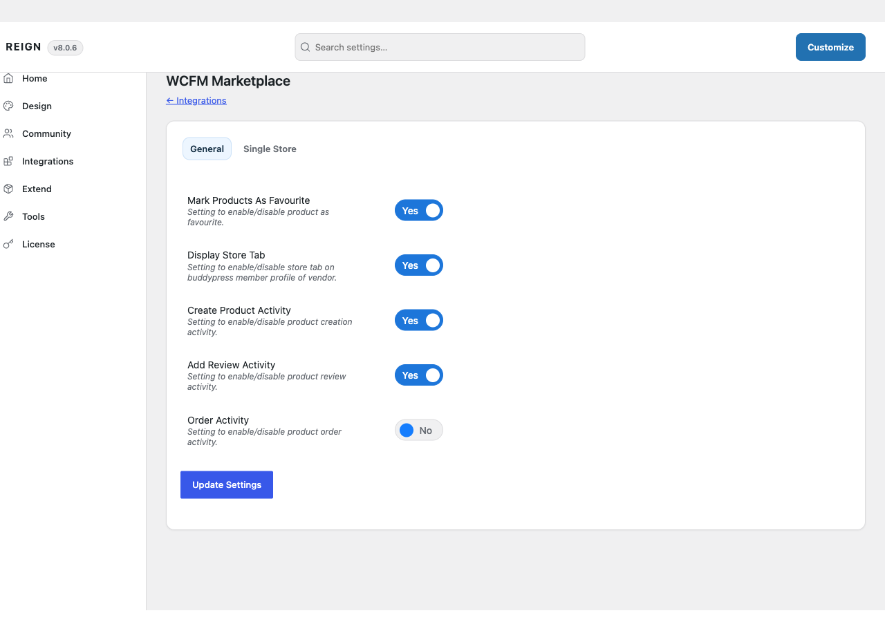 The WCFM Marketplace tab in Reign Settings, with its General and Single Store sub-tabs
