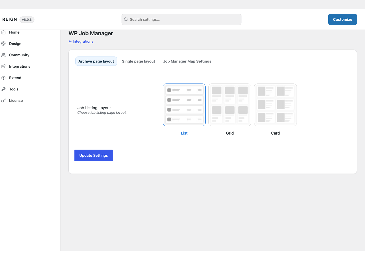 The WP Job Manager tab in Reign Settings, with its three layout sub-tabs
