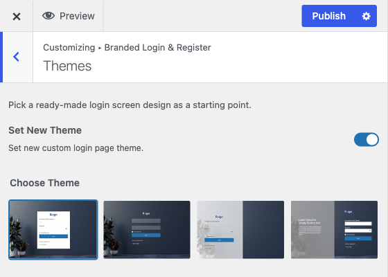 The Themes section of the Branded Login and Register panel