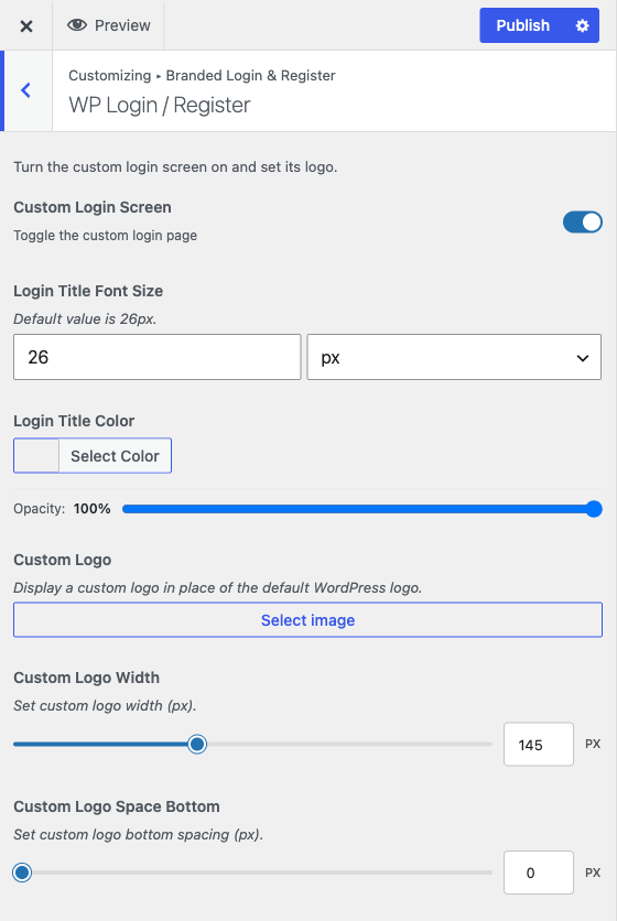 The WP Login / Register section of the Branded Login and Register panel
