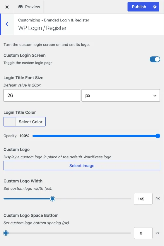 The WP Login / Register section of the Branded Login and Register panel