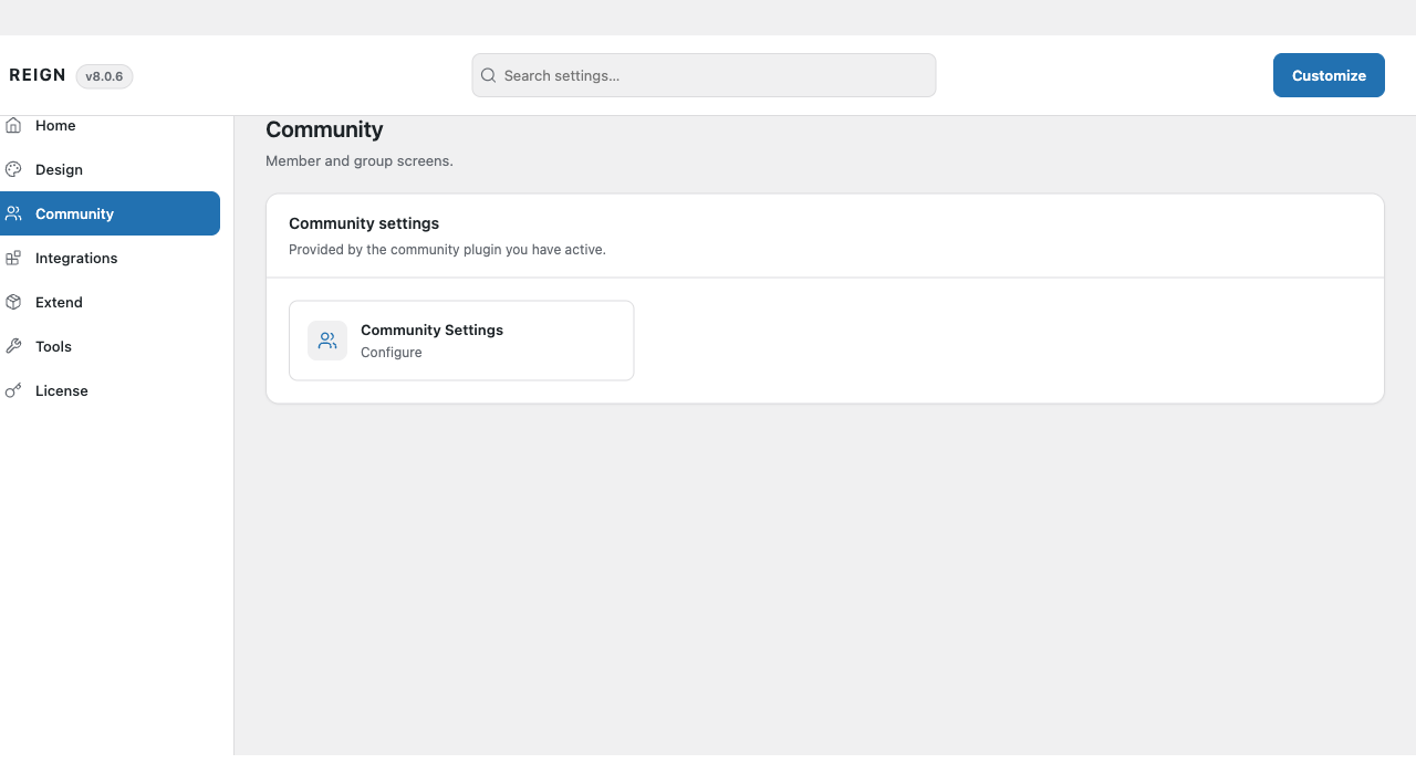 The Community screen in Reign Settings, with a community plugin active
