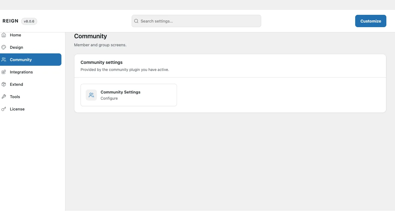 The Community screen in Reign Settings, with a community plugin active
