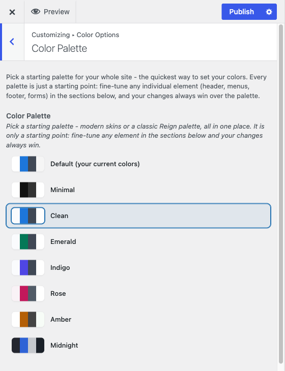 The Color Palette section, with the eight starting palettes