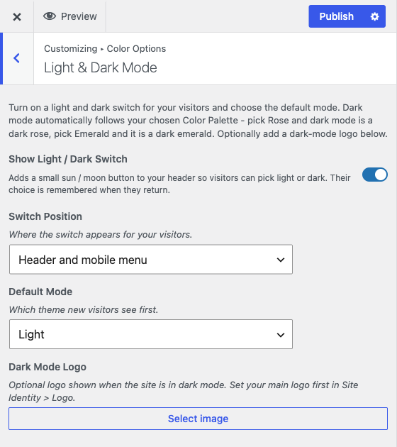 The Light and Dark Mode section, with the visitor switch, position and default mode