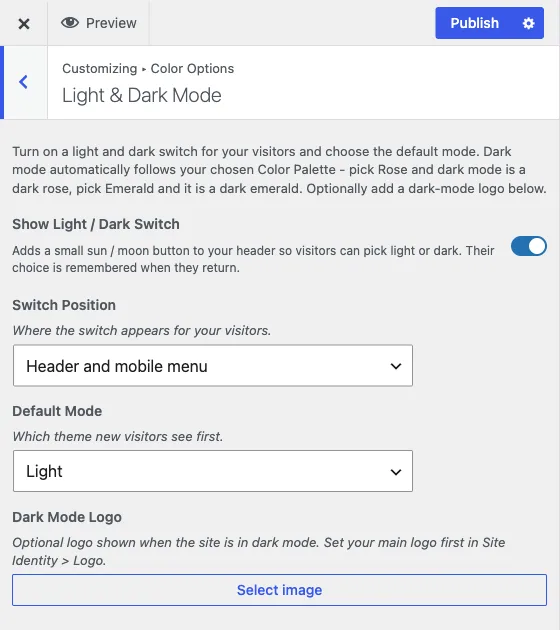 The Light and Dark Mode section, with the visitor switch, position and default mode