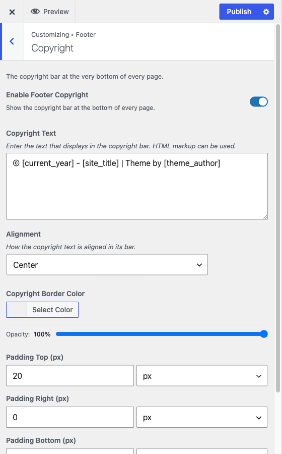 The Copyright section of the Footer panel