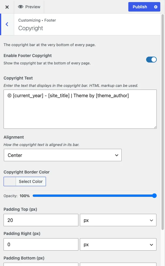 The Copyright section of the Footer panel