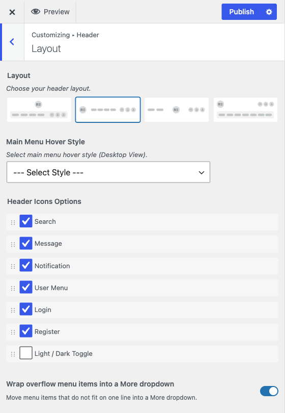 The Header Layout section, with the four header styles and the drag-to-reorder icon list