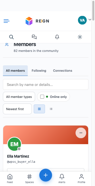 The Reign header and bottom navigation on a 390px viewport