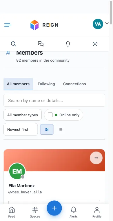 The Reign header and bottom navigation on a 390px viewport