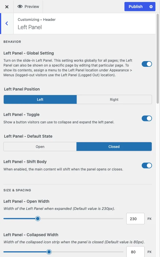 The Left Panel section, grouped into Behavior and Size and Spacing