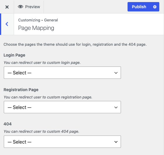 The Page Mapping section, with login, registration and 404 page pickers