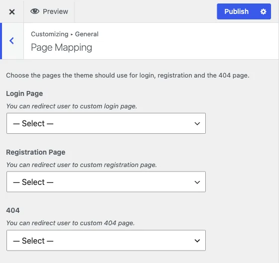 The Page Mapping section, with login, registration and 404 page pickers