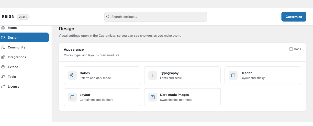 The Design screen, which links each visual area through to the Customizer