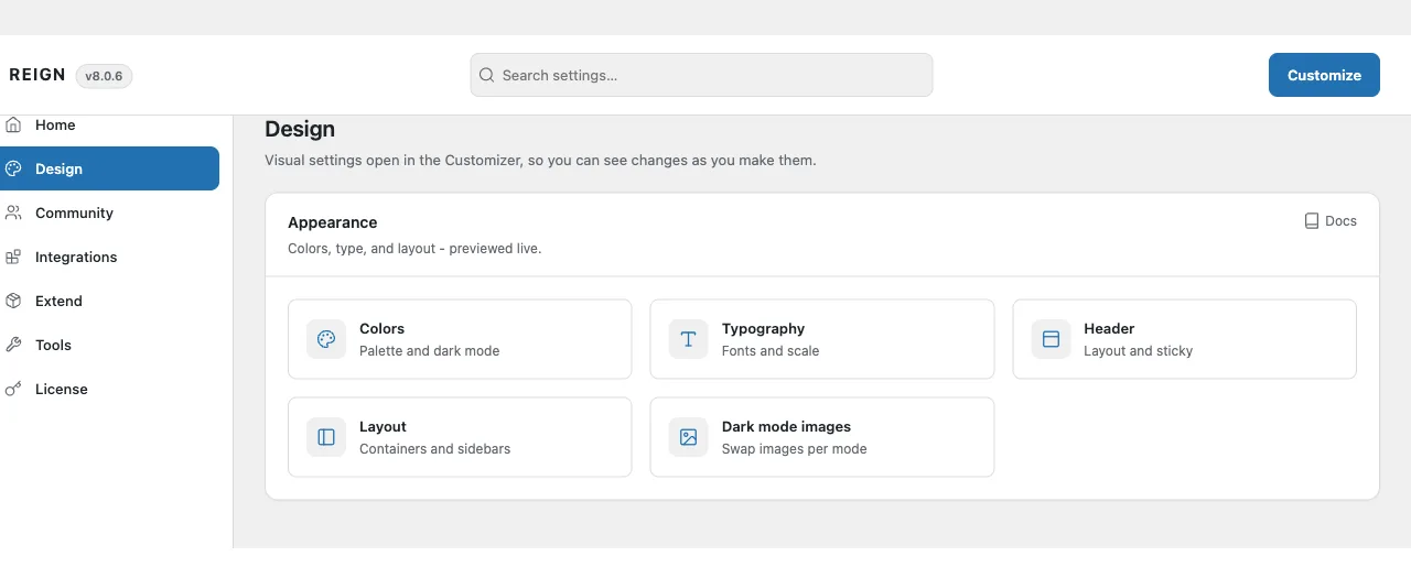 The Design screen, which links each visual area through to the Customizer