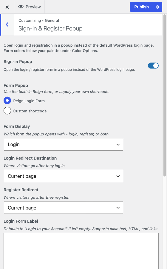 The Sign-in and Register Popup section