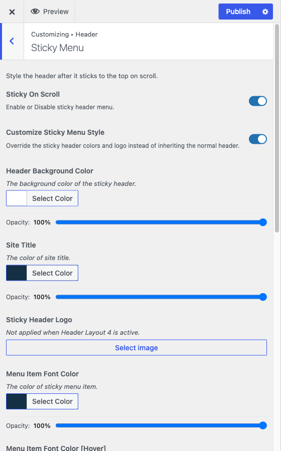 The Sticky Menu section, where the stuck-header colours are set