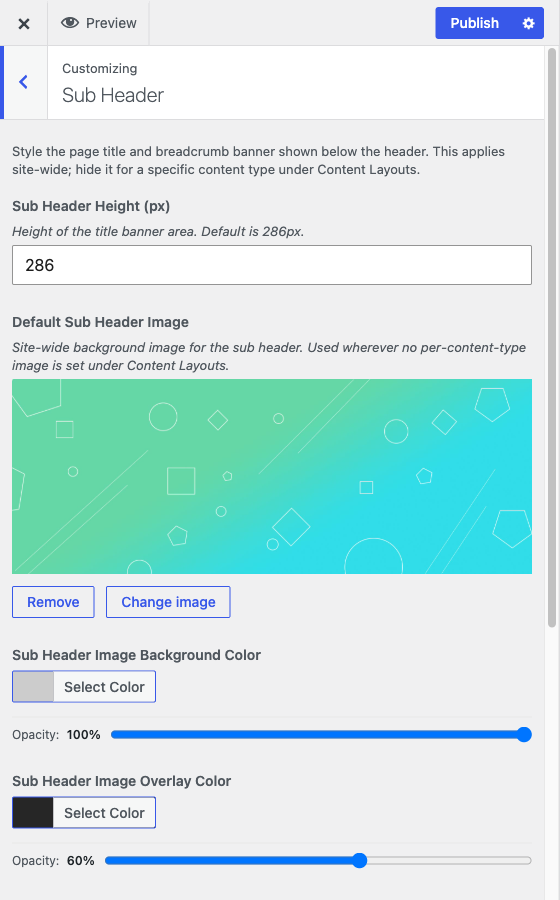 The Sub Header section, which sits at the top level of the Customizer