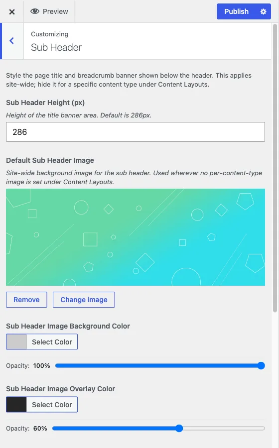 The Sub Header section, which sits at the top level of the Customizer