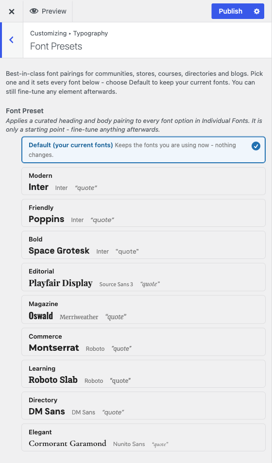 The Font Presets picker, each option previewing its real typefaces
