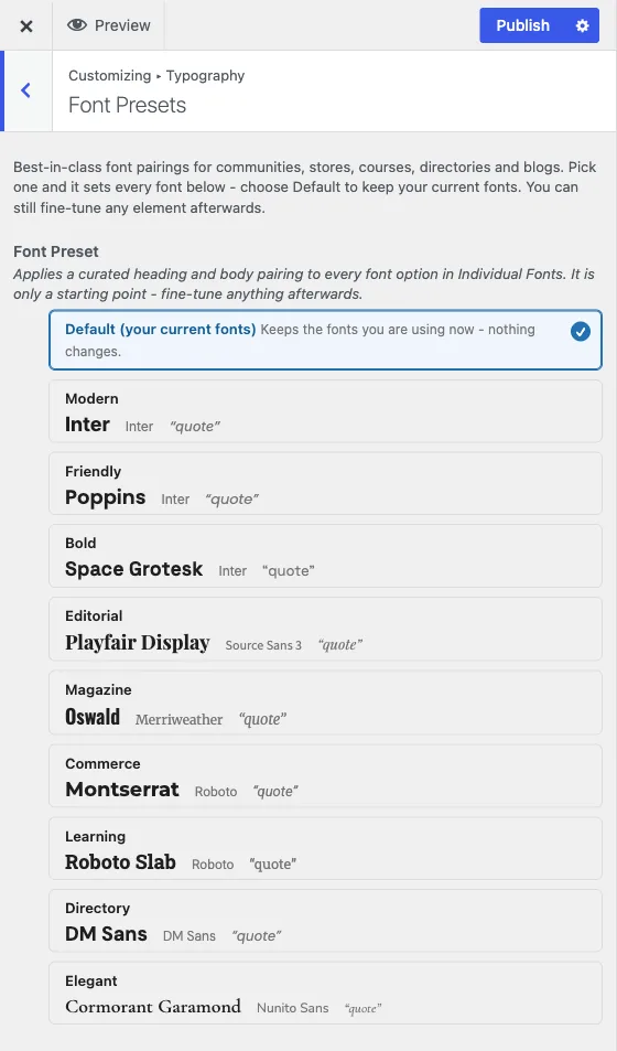The Font Presets picker, each option previewing its real typefaces