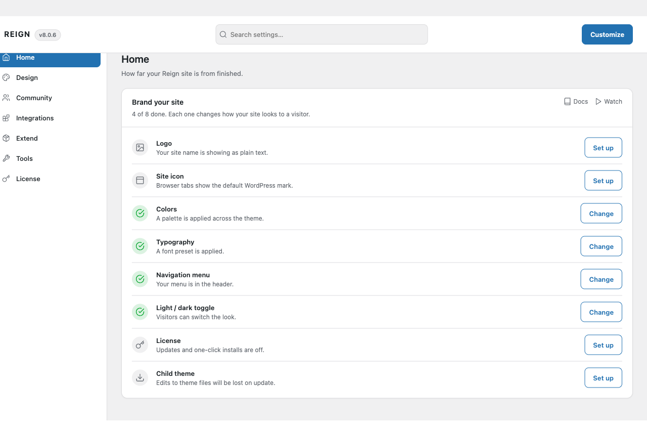 The Brand your site checklist on Reign Settings Home, showing which steps are done
