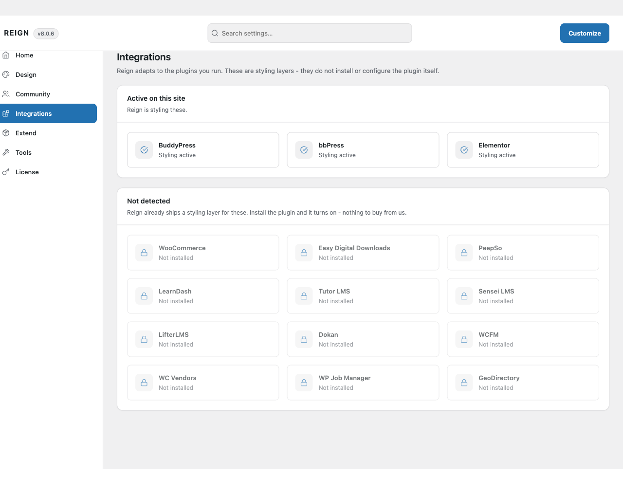 The Integrations screen, showing which plugins Reign is styling and which it is ready for