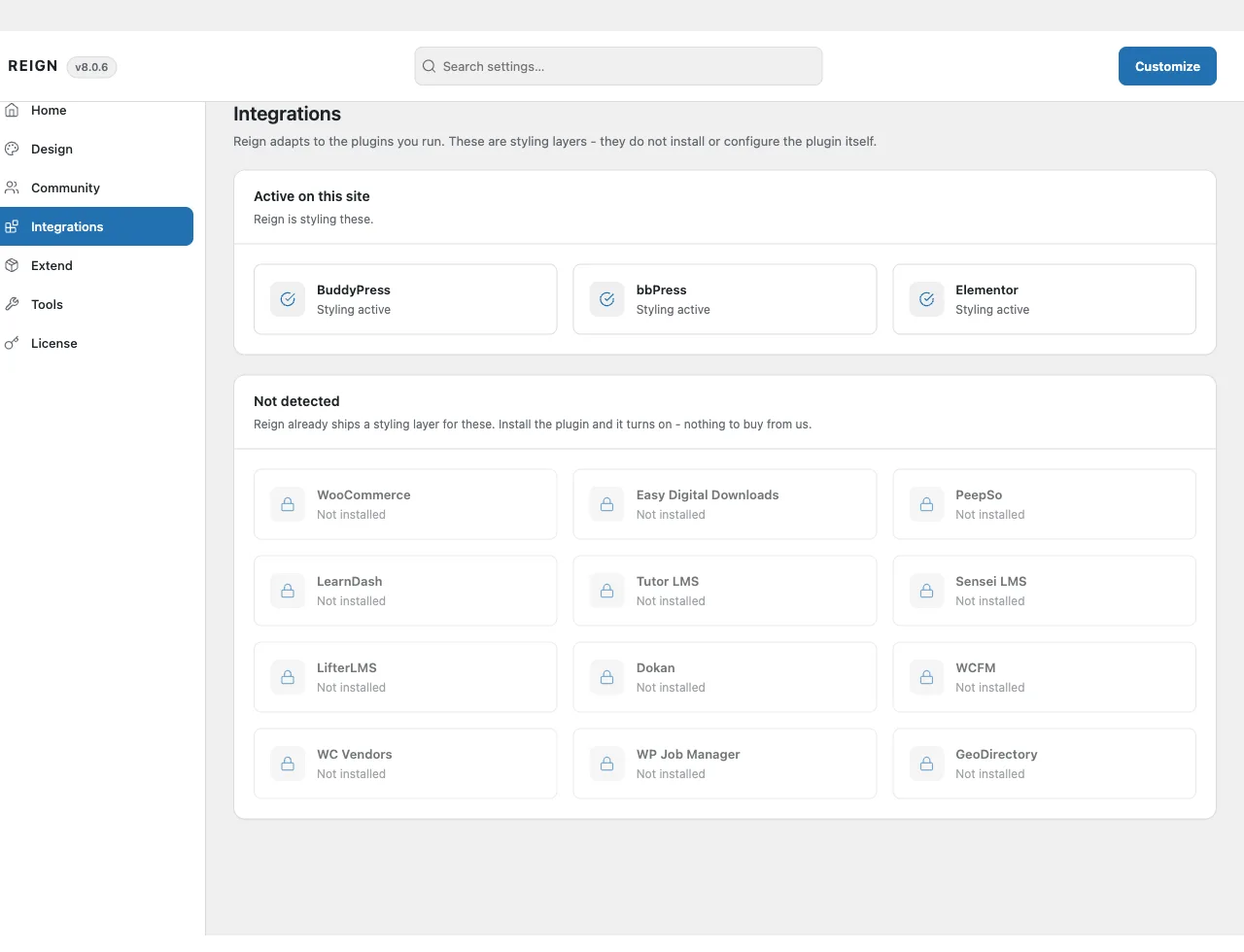 The Integrations screen, showing which plugins Reign is styling and which it is ready for