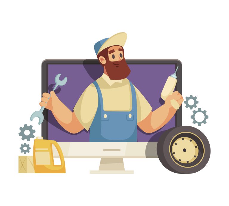 local seo for auto repair shops; Do it yourself video blogger cartoon icon with character of mechanic on computer screen vector illustration