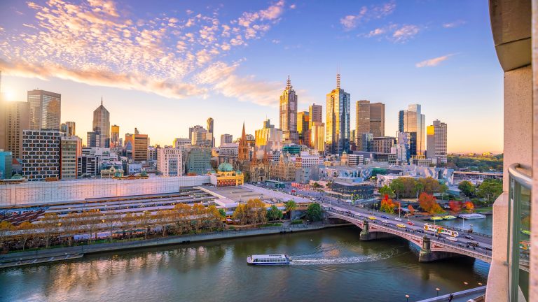 local seo melbourne, Downtown Melbourne city skyline cityscape of Australia at sunset from top view