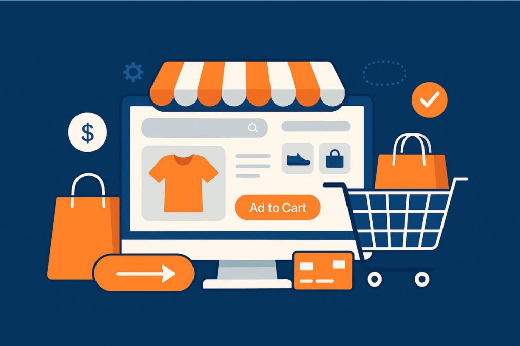 Illustration of an e-commerce website interface with shopping cart, product images, and payment icons, representing best practices in e-commerce website design.