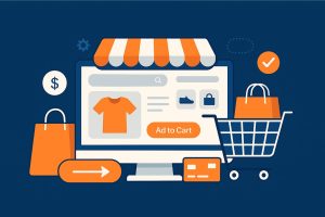 Illustration of an e-commerce website interface with shopping cart, product images, and payment icons, representing best practices in e-commerce website design.