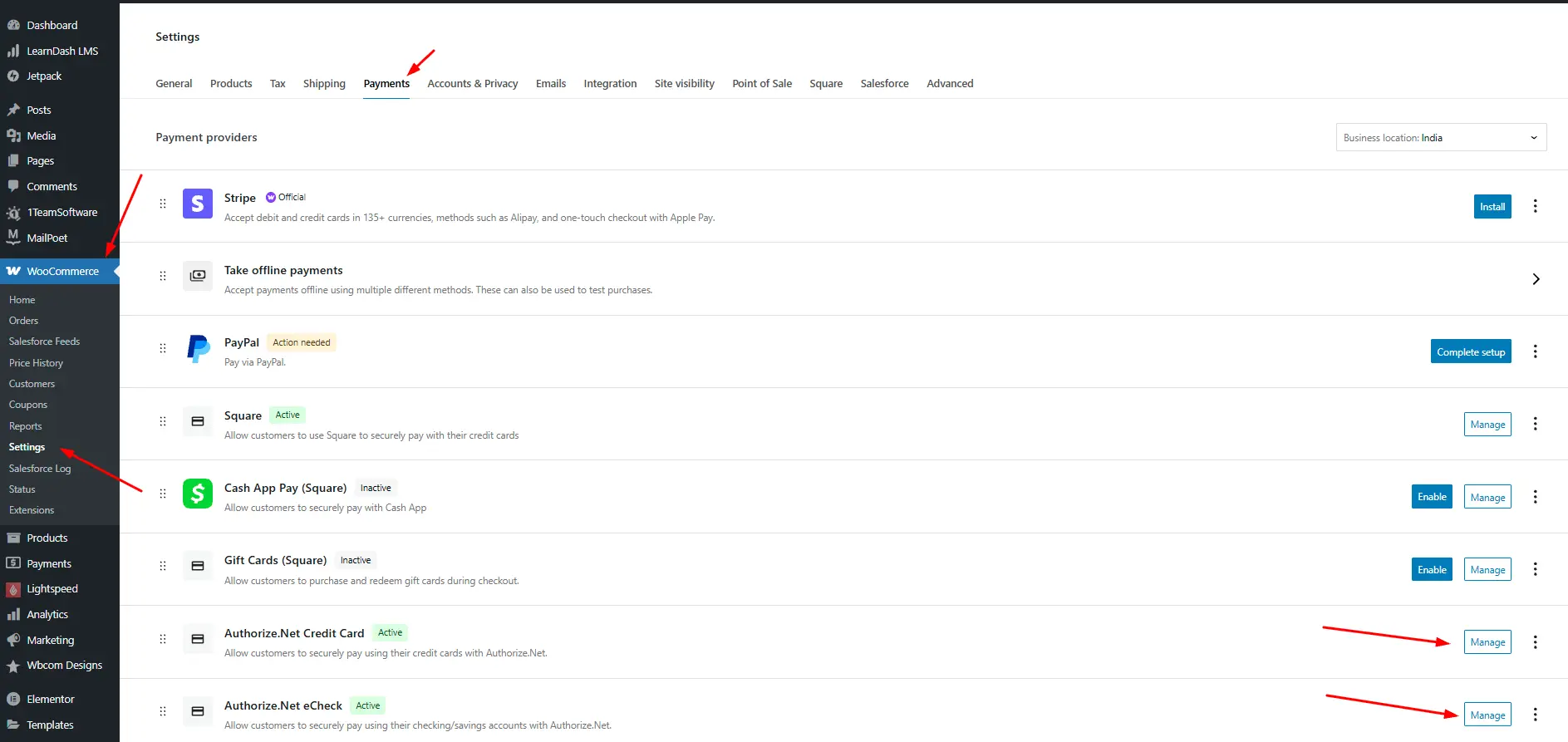 Access the Authorize.Net Settings in WooCommerce