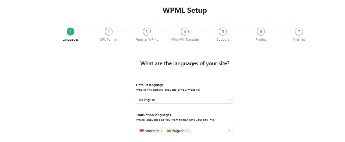 Choose your site’s default language and add secondary languages.