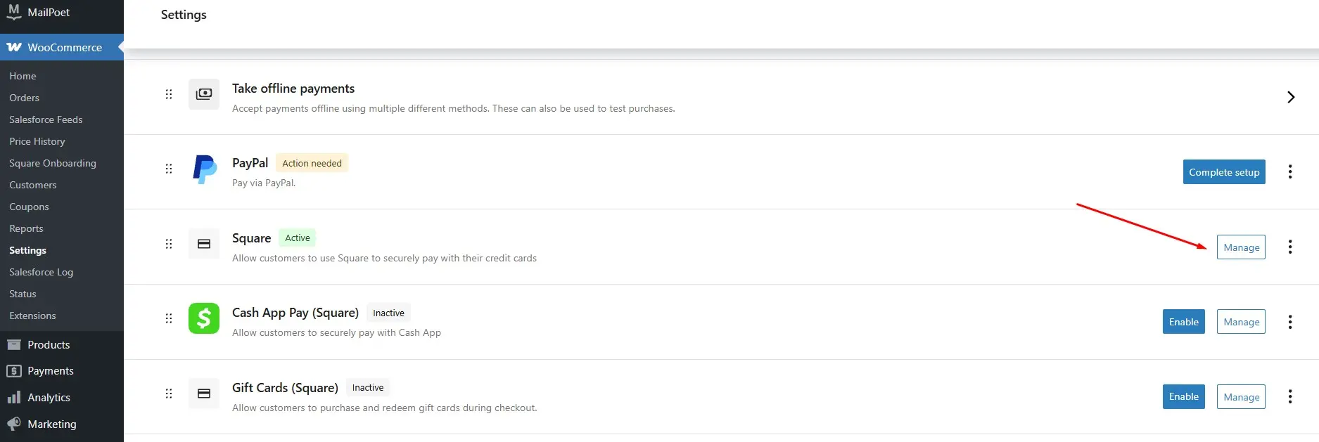 Select Square as your payment method.