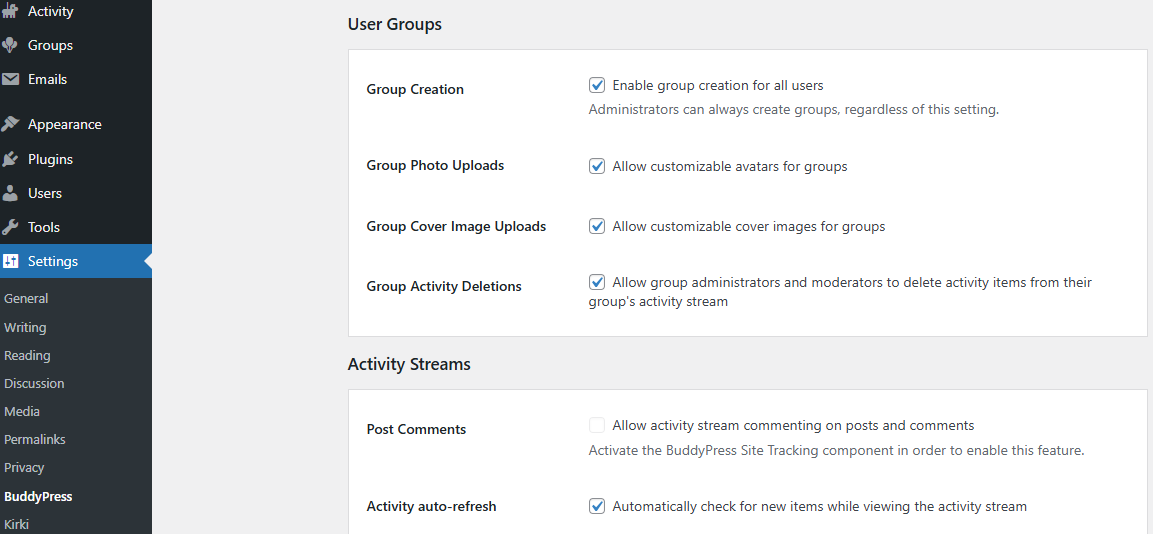 Configuring the BuddyPress Plugin