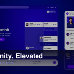 Dark community platform interface with social network elements and user profiles in deep blue tones