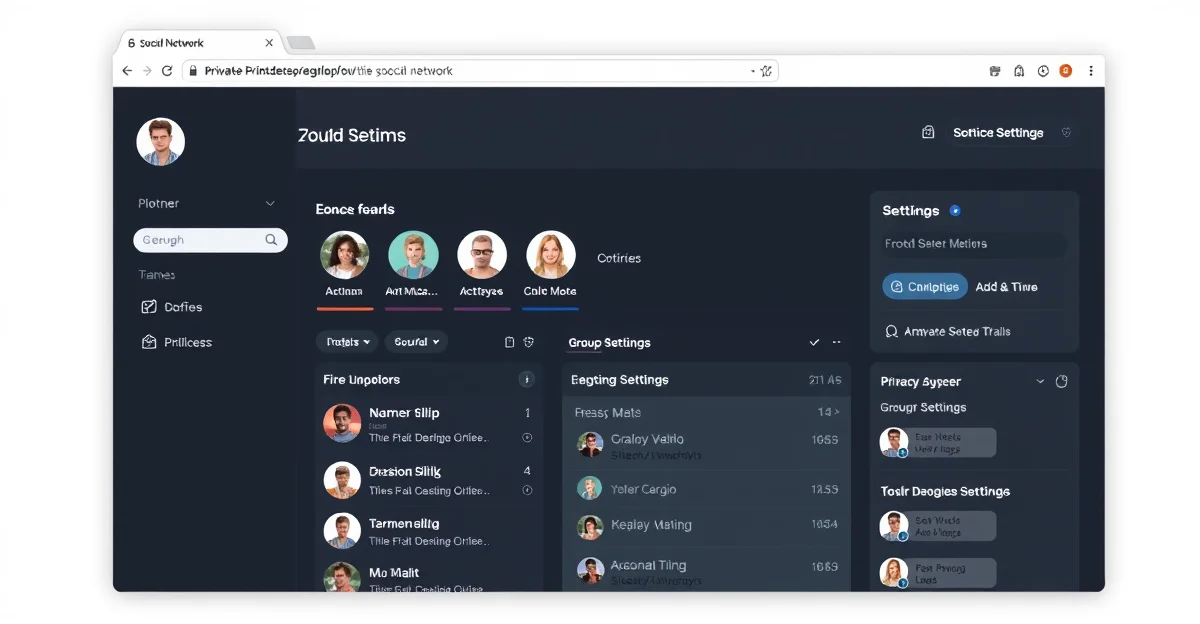 Private social network platform showing member profiles, activity feed, group discussions, and privacy settings for a members-only community