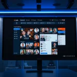 Professional niche community platform interface displayed on a monitor in a dark modern office