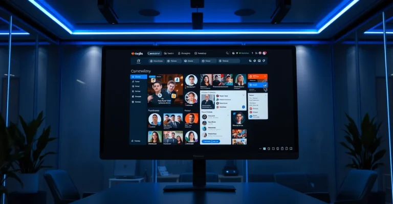 Professional niche community platform interface displayed on a monitor in a dark modern office