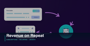 Dark recurring payment concept with circular arrows and subscription cards in purple and teal tones