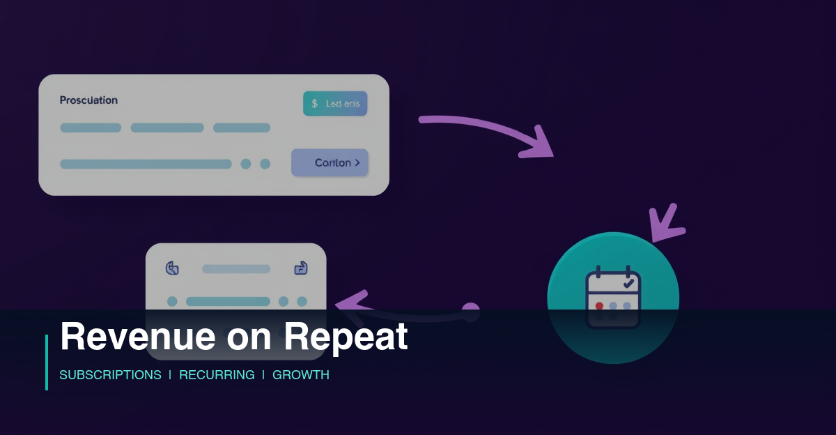 Dark recurring payment concept with circular arrows and subscription cards in purple and teal tones