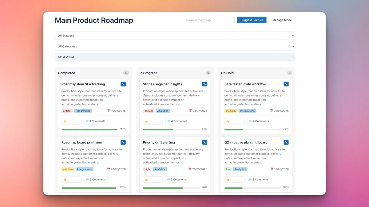 Product Roadmap plugin kanban board showing Completed column with finished items